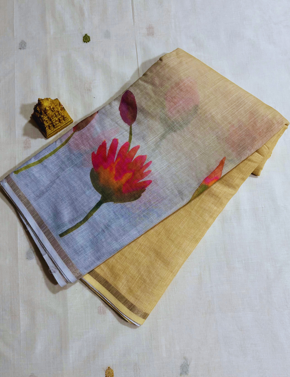 White Hand-Painted Linen Saree