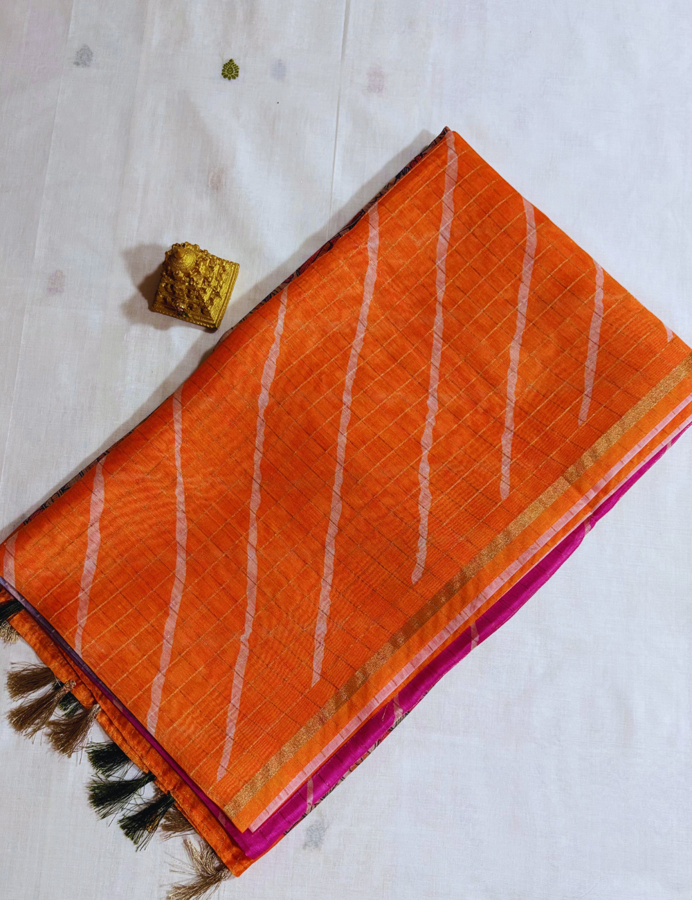 Orange Madhubani- Lehariya  saree