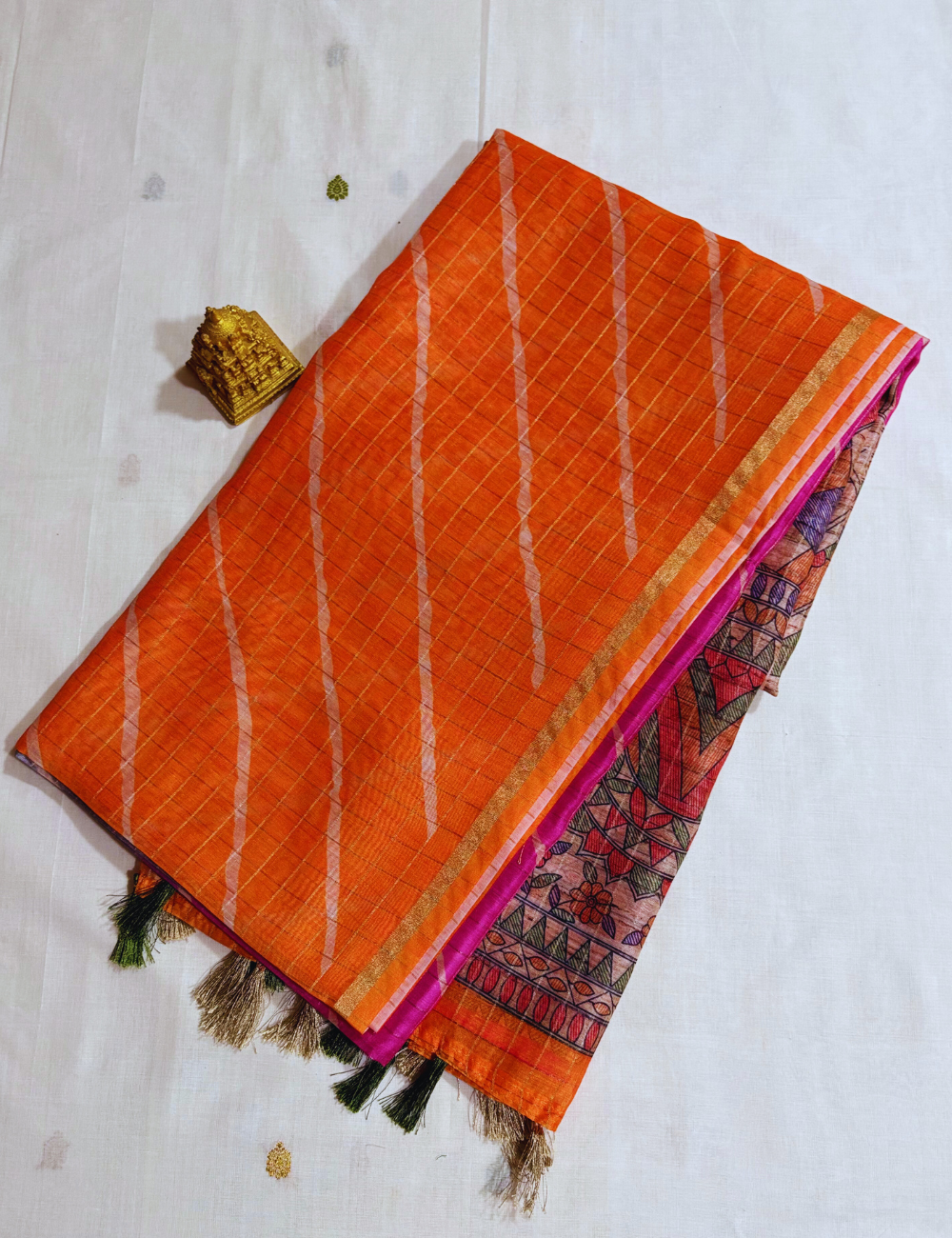 Orange Madhubani- Lehariya  saree