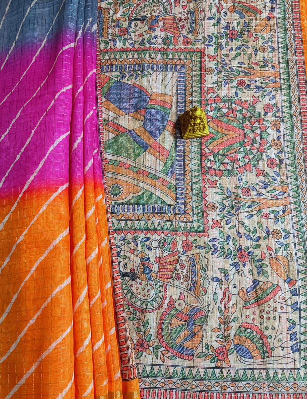 Orange Madhubani- Lehariya  saree