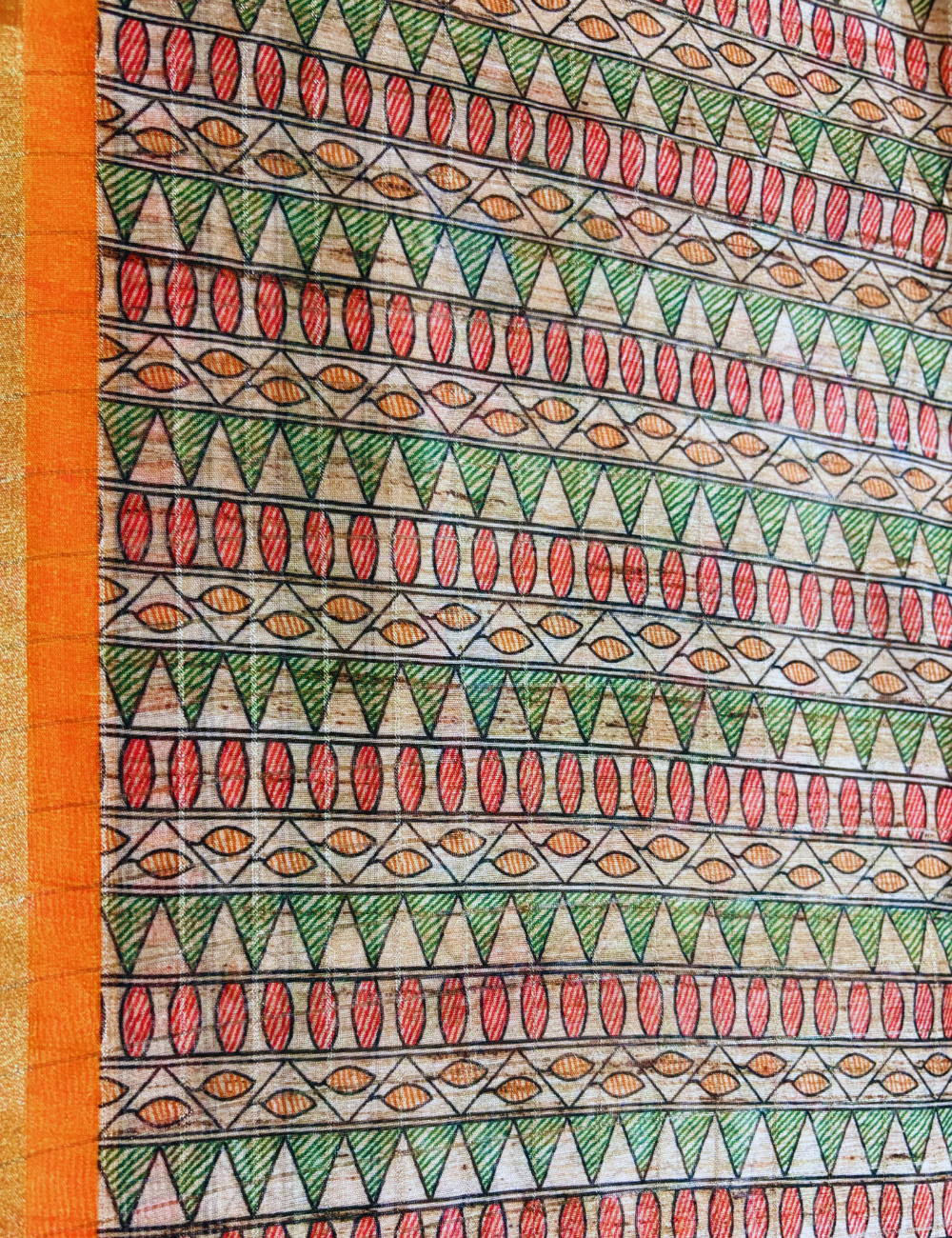 Orange Madhubani- Lehariya  saree