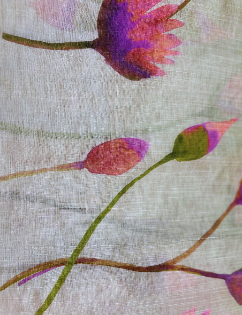 Green & White Floral Print Linen Saree