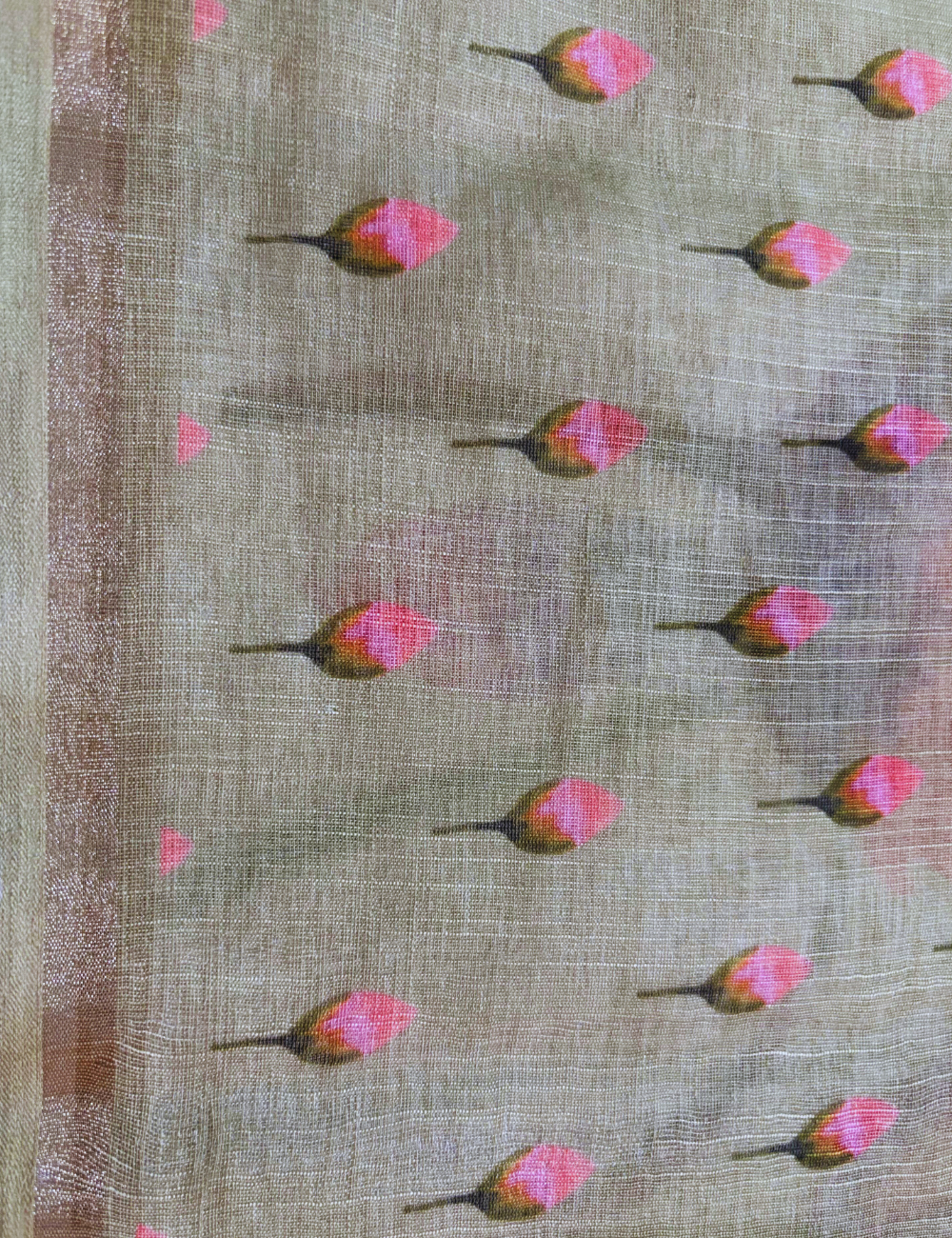 Green & White Floral Print Linen Saree