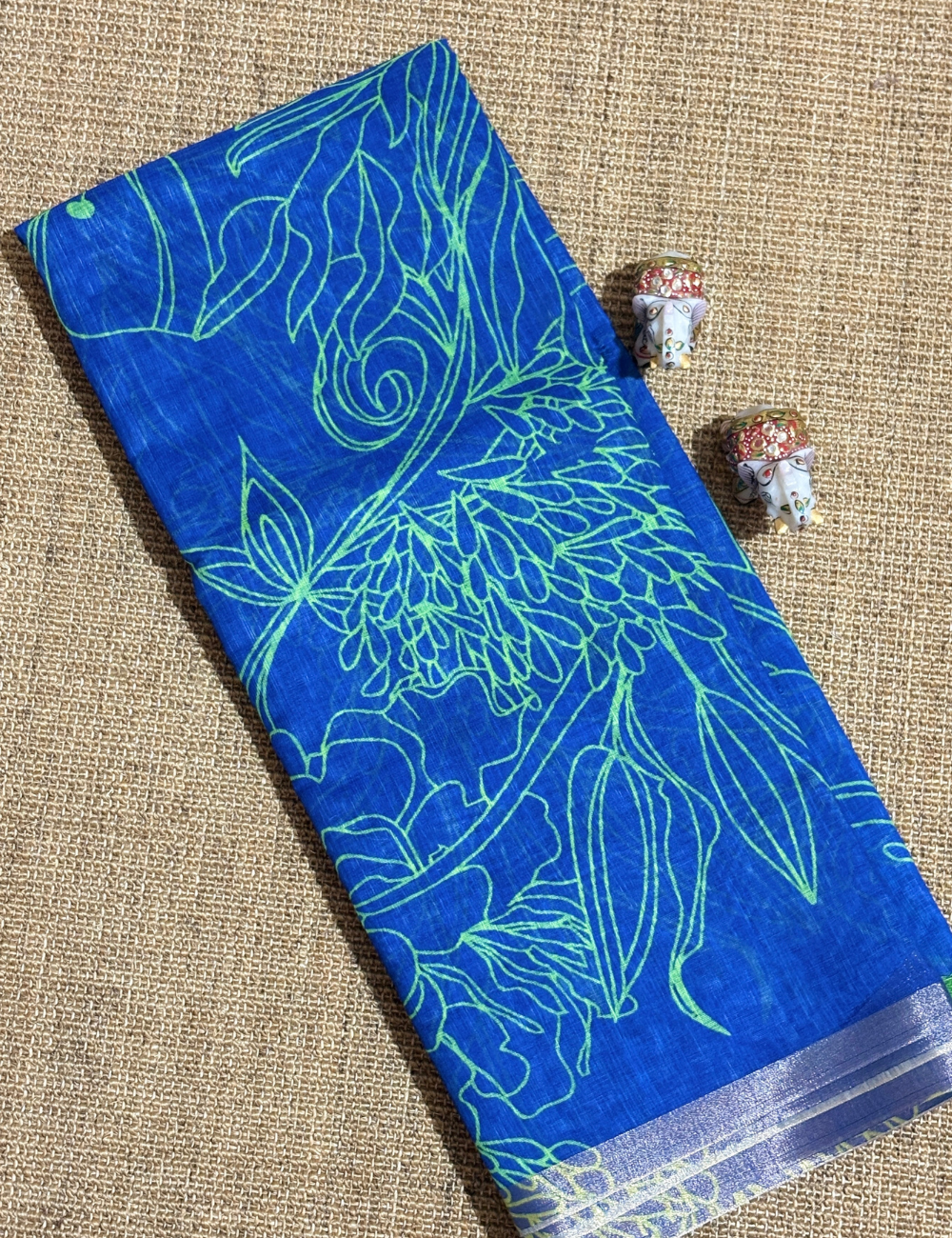 Royal Blue & Parrot Green Floral with Contrast Border  Linen Saree