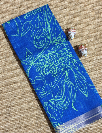 Royal Blue & Parrot Green Floral with Contrast Border  Linen Saree
