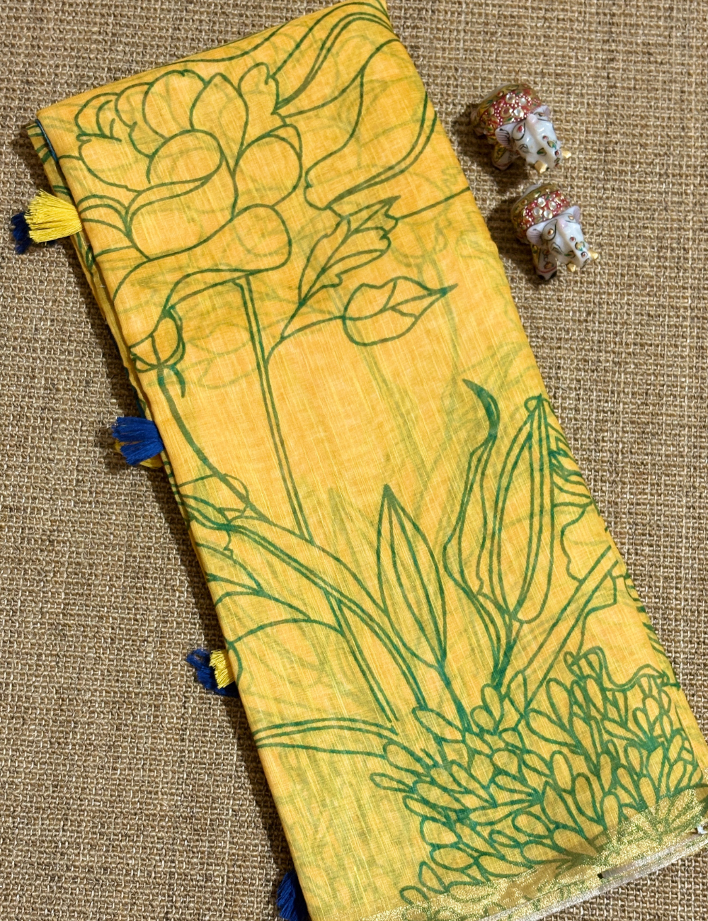 Mustard &Teal Floral  with Artistic Border Linen Saree
