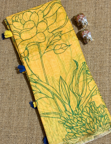 Mustard &Teal Floral  with Artistic Border Linen Saree