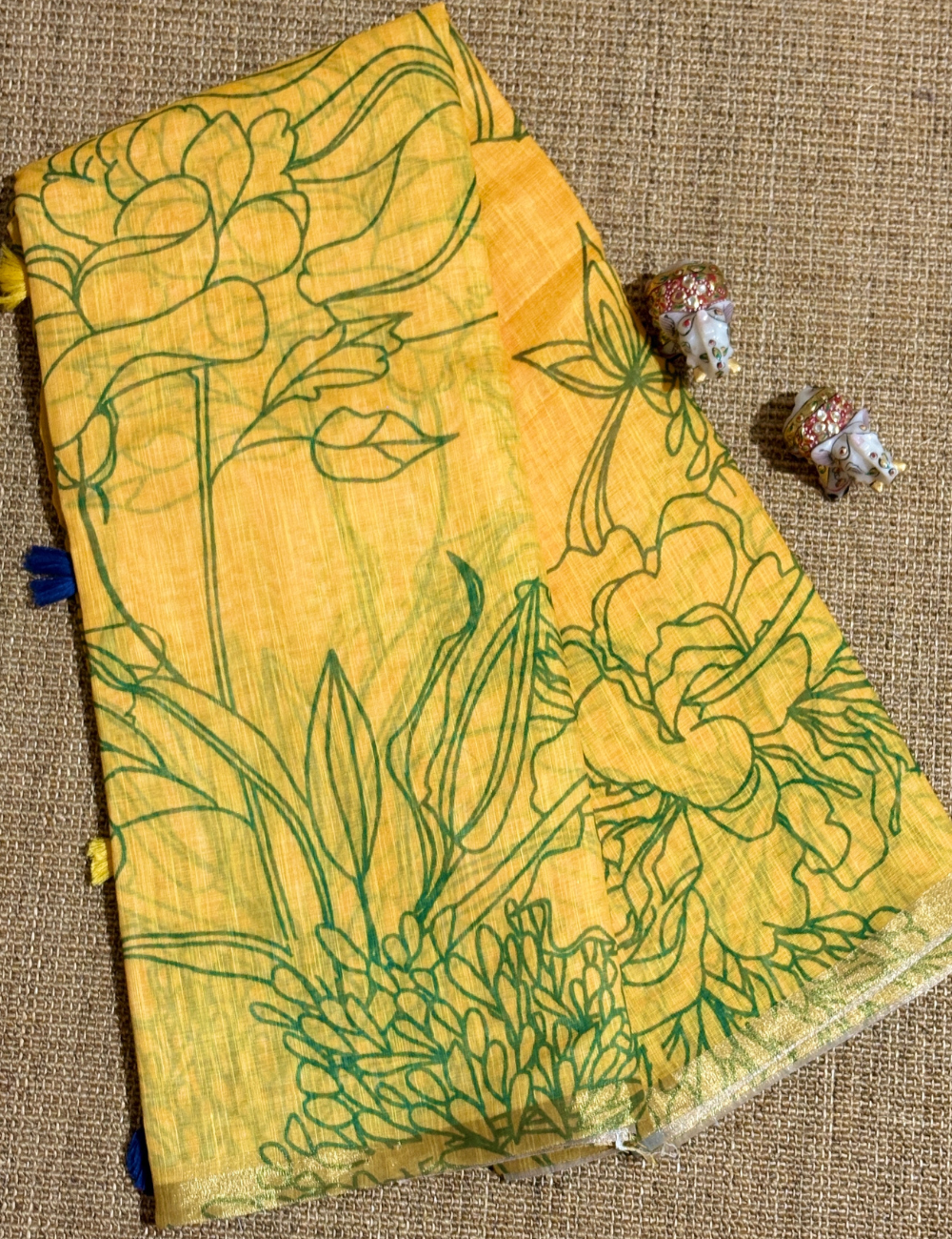 Mustard &Teal Floral  with Artistic Border Linen Saree