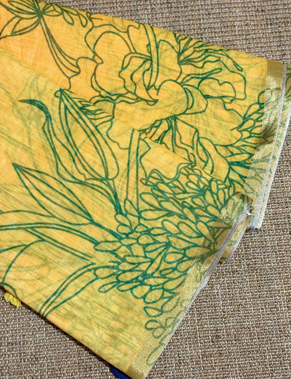 Mustard &Teal Floral  with Artistic Border Linen Saree