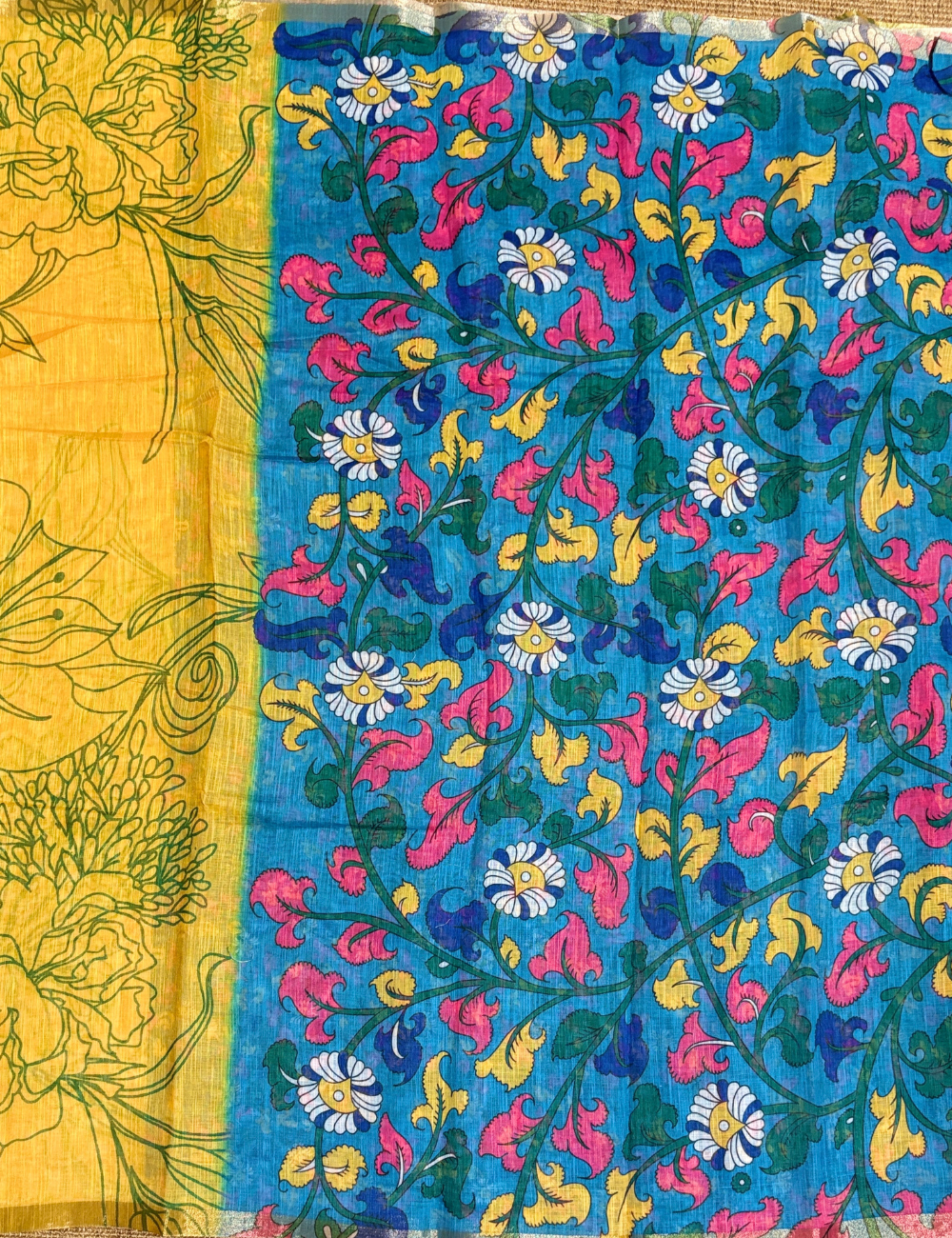 Mustard &Teal Floral  with Artistic Border Linen Saree
