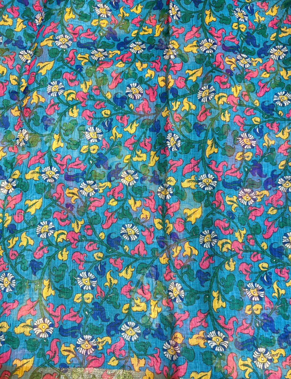 Mustard &Teal Floral  with Artistic Border Linen Saree