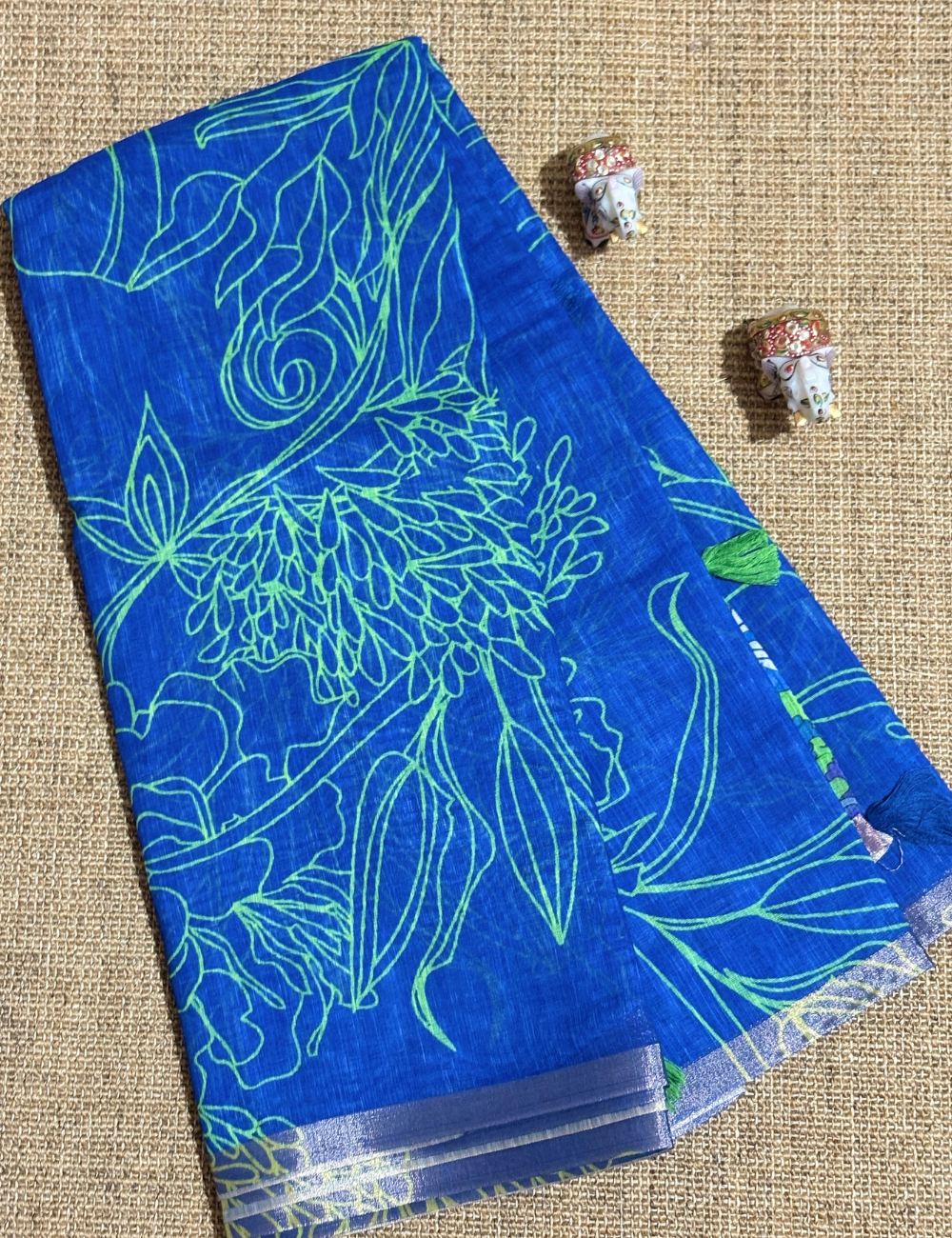 Royal Blue & Parrot Green Floral with Contrast Border  Linen Saree