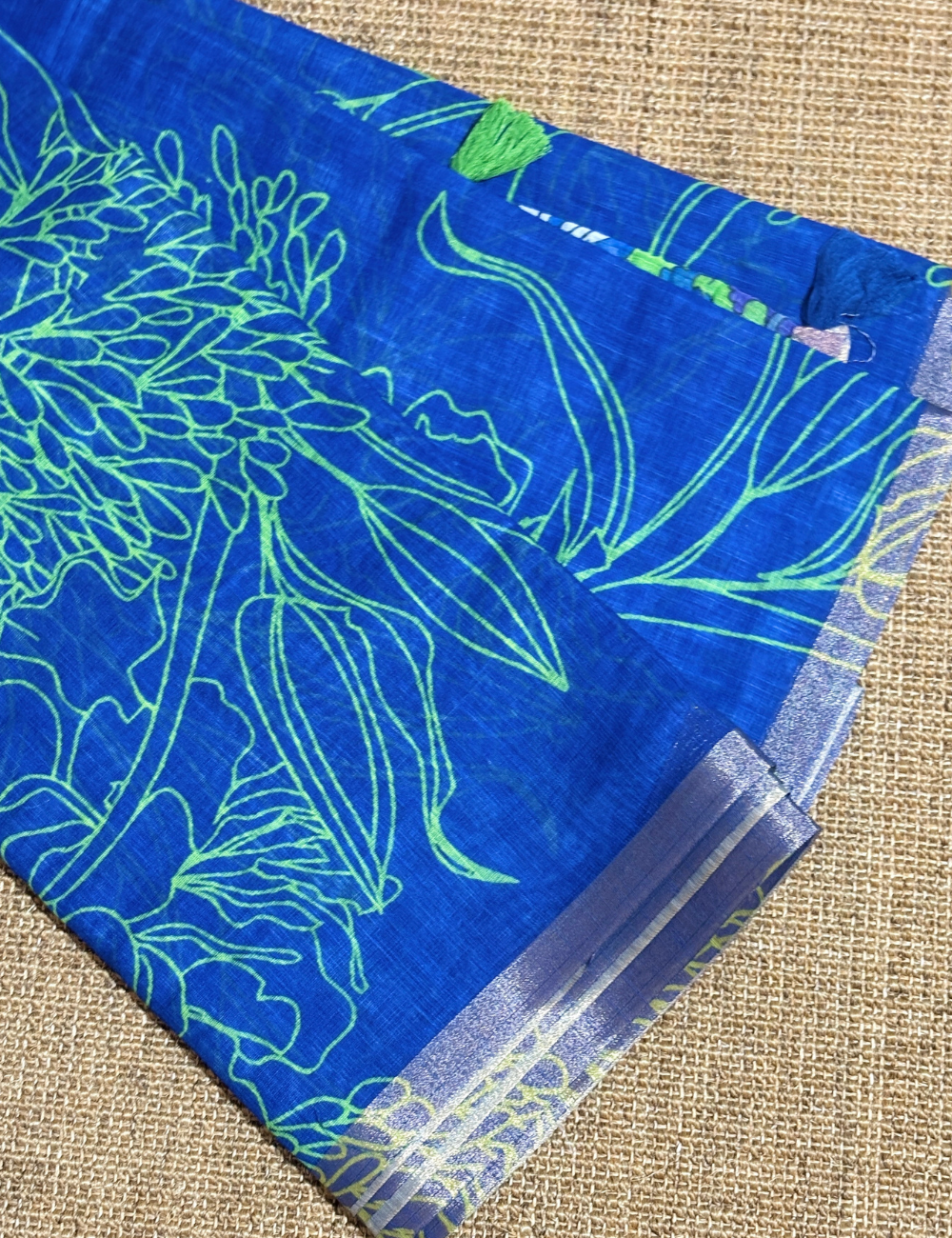 Royal Blue & Parrot Green Floral with Contrast Border  Linen Saree