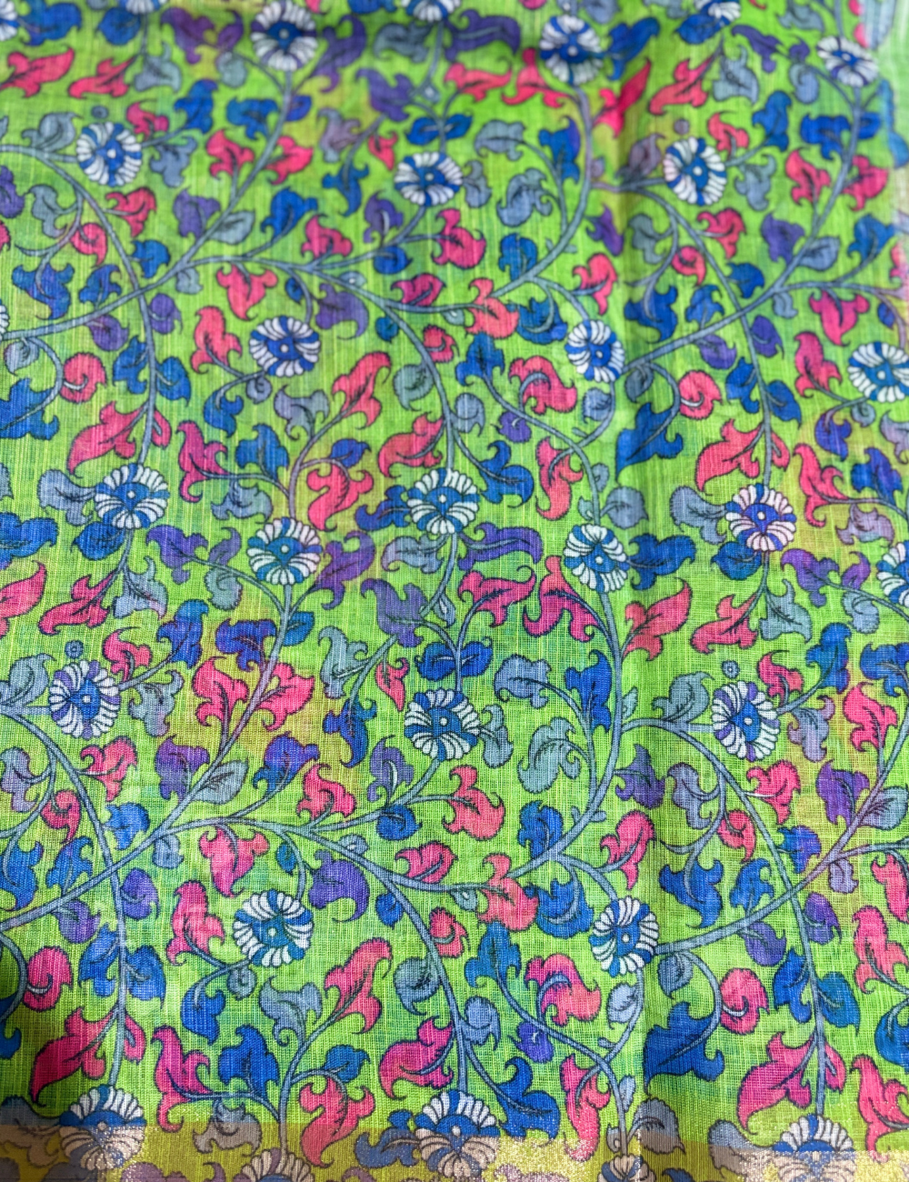 Royal Blue & Parrot Green Floral with Contrast Border  Linen Saree