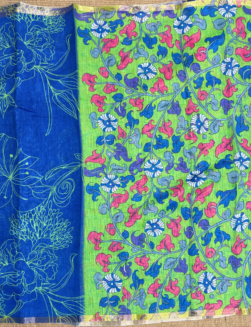 Royal Blue & Parrot Green Floral with Contrast Border  Linen Saree
