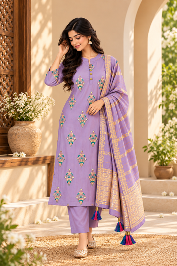 Lavender Embroidered Kurta Set with Dupatta