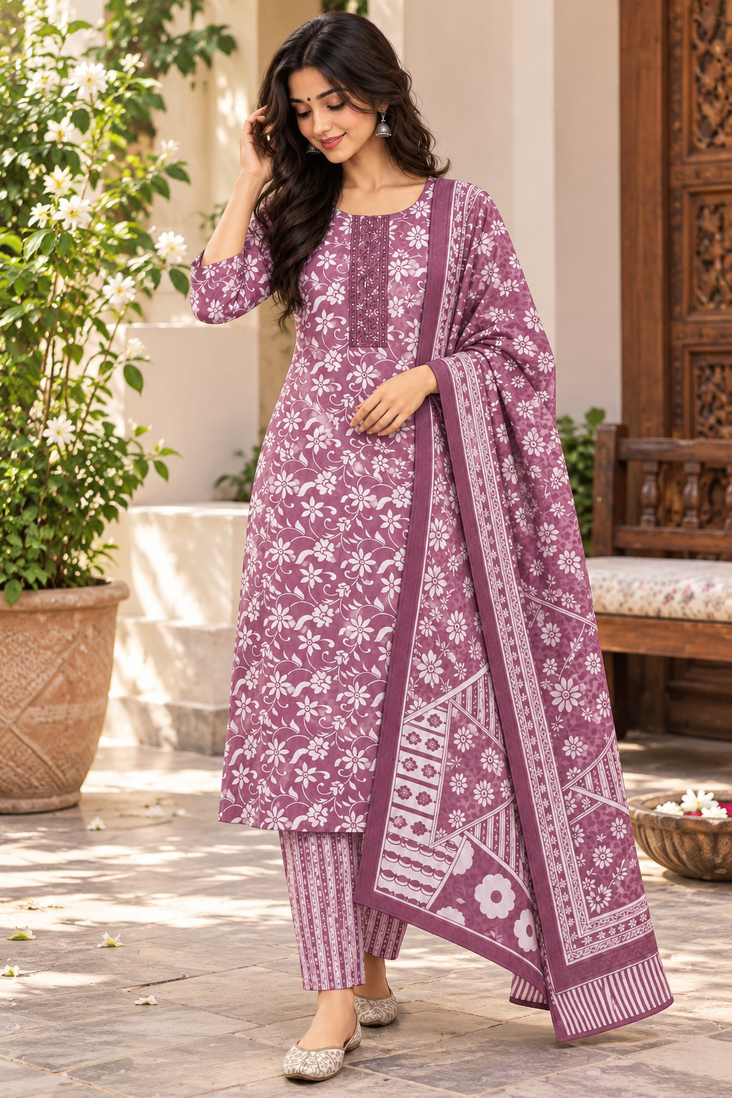 Purple Floral Pure Cotton Kurta Set with Dupatta