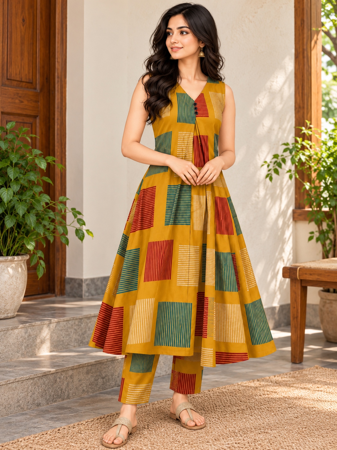 Pure Cotton Sleeveless Dress with 3/4 Sleeve Top Set