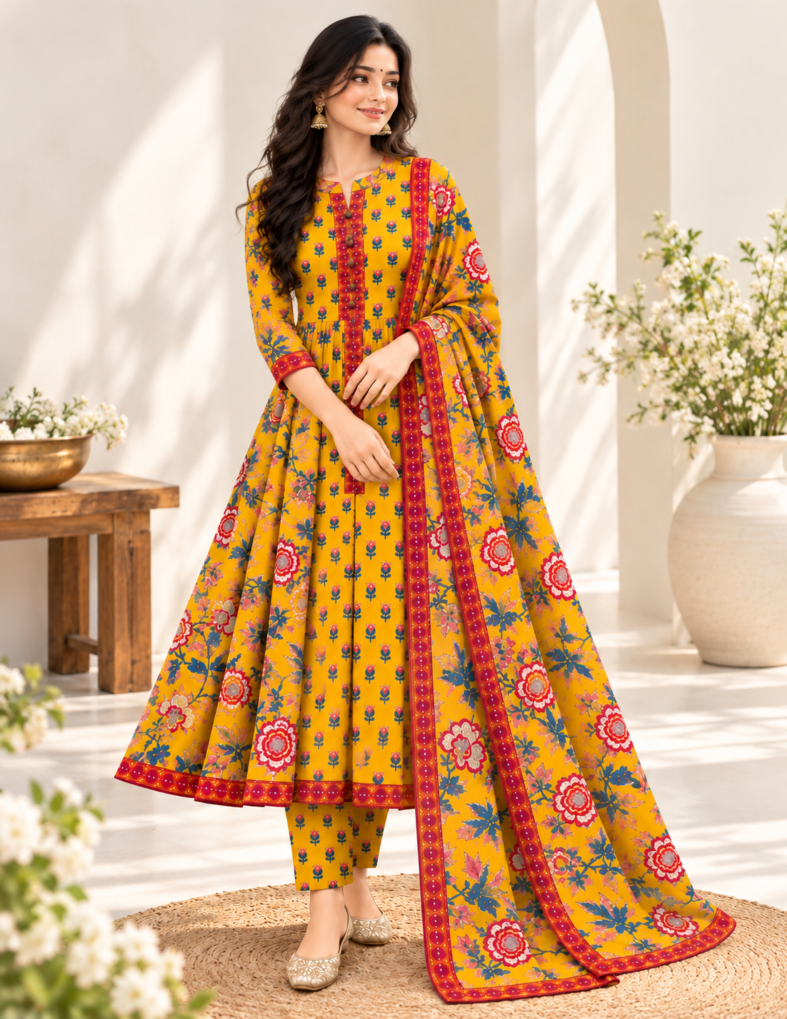 Mustard Floral Anarkali with Dupatta