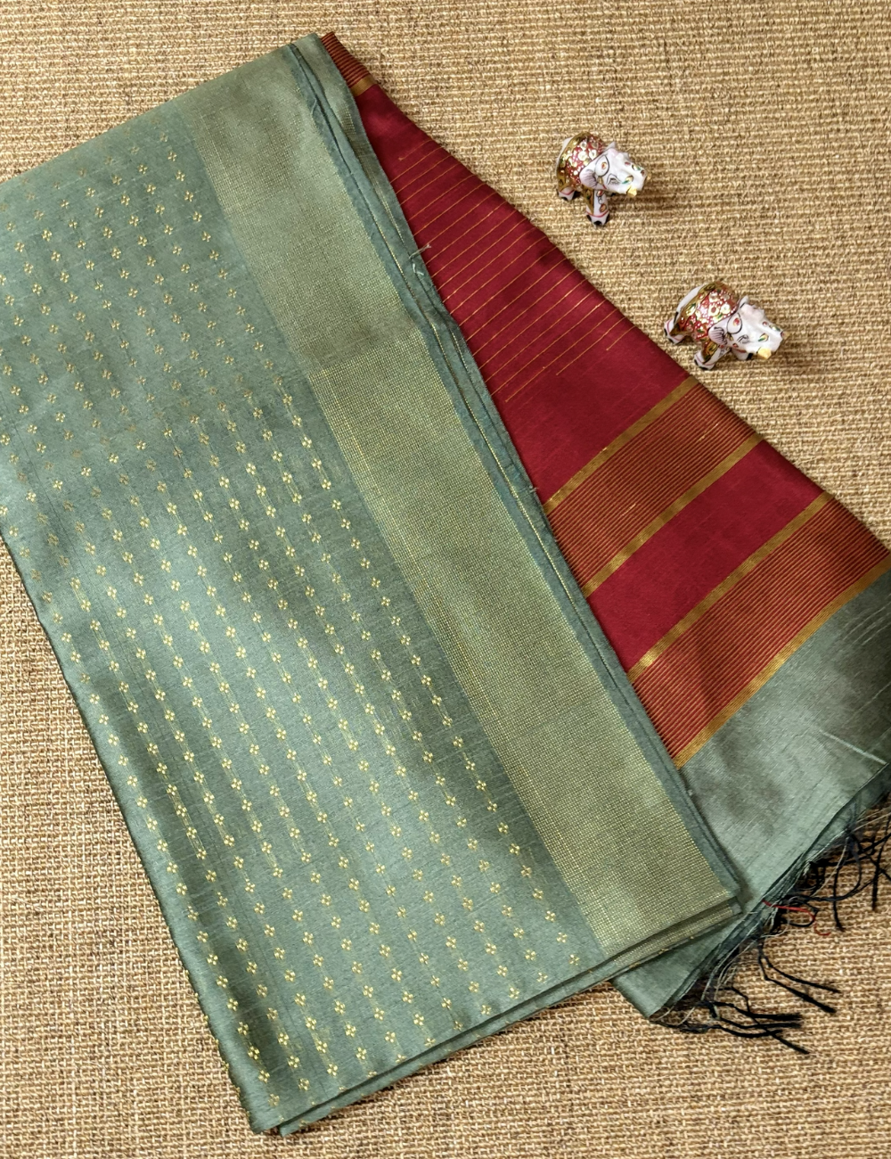 Pastel Green With Deep Maroon Raw Silk Saree