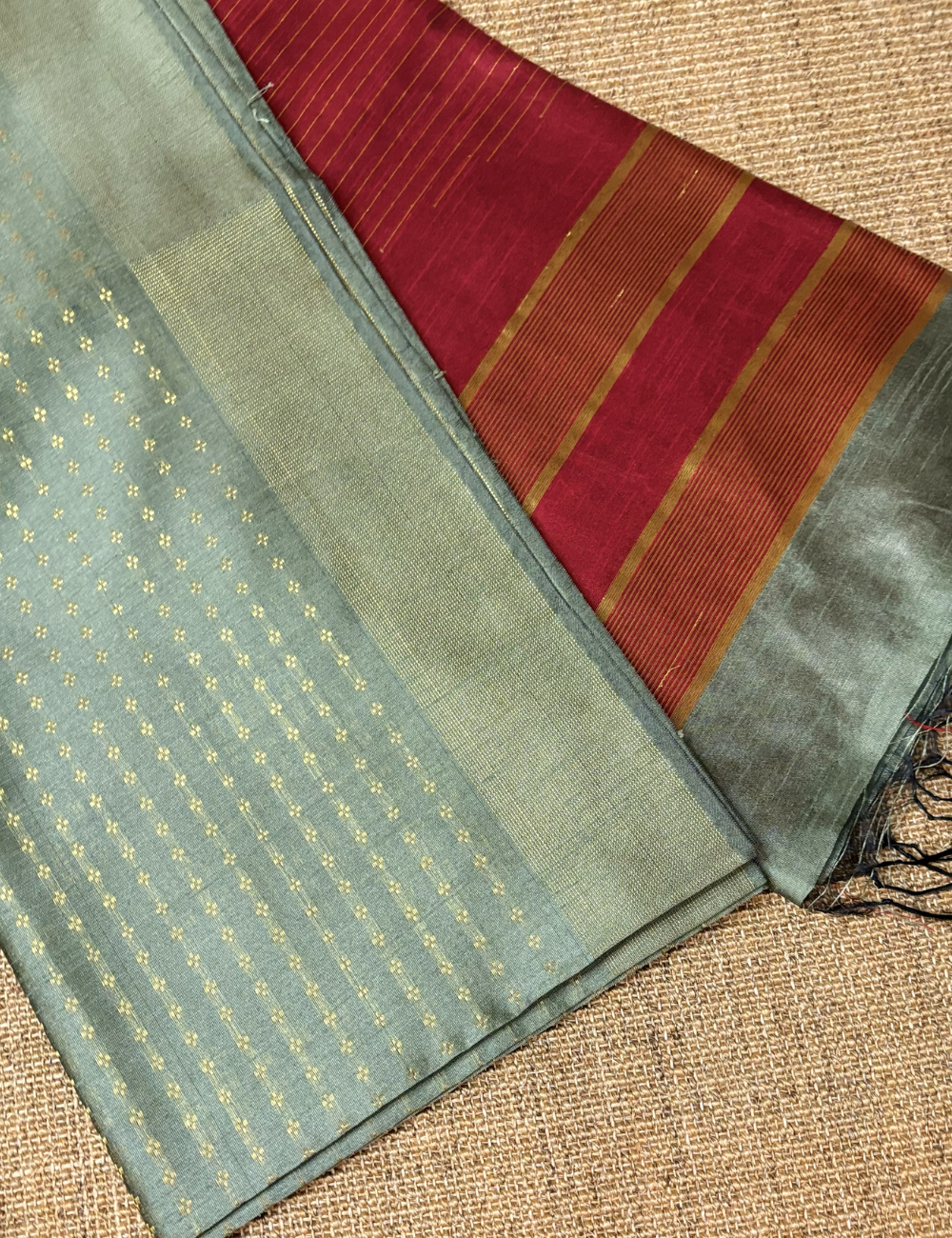 Pastel Green With Deep Maroon Raw Silk Saree