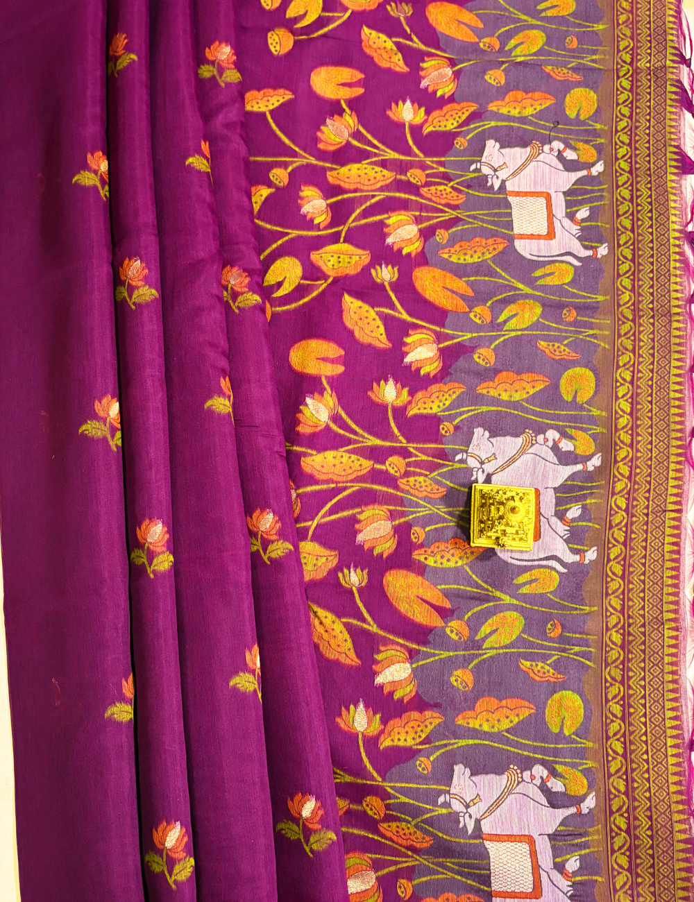 Magenta with Floral Motifs  Linen Saree