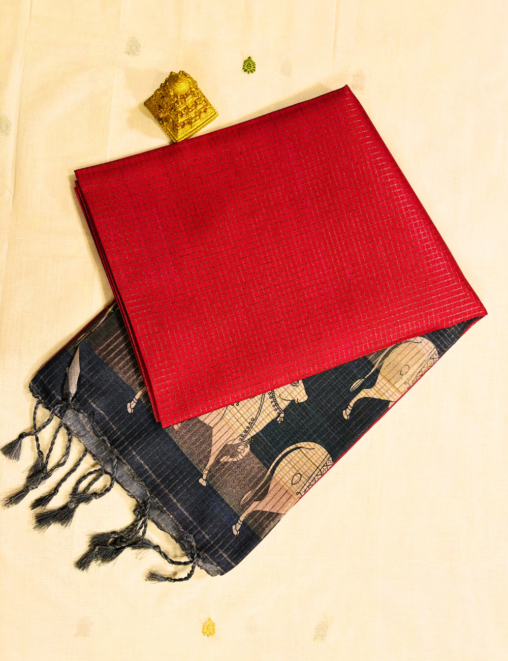 Red &Teal Pichwai Print Tussar Saree