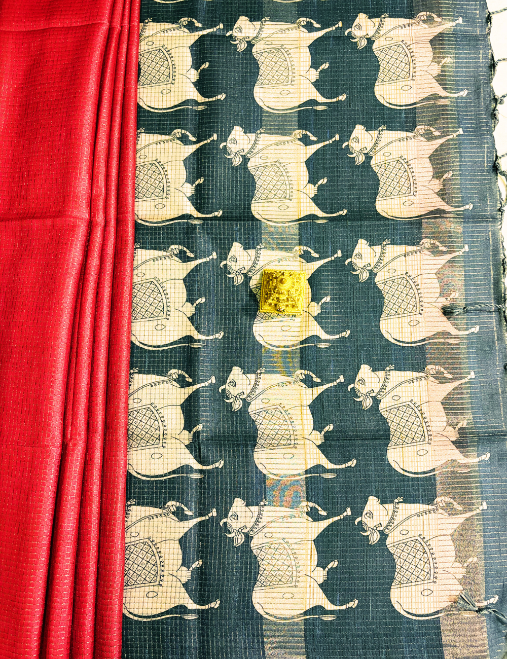Red &Teal Pichwai Print Tussar Saree