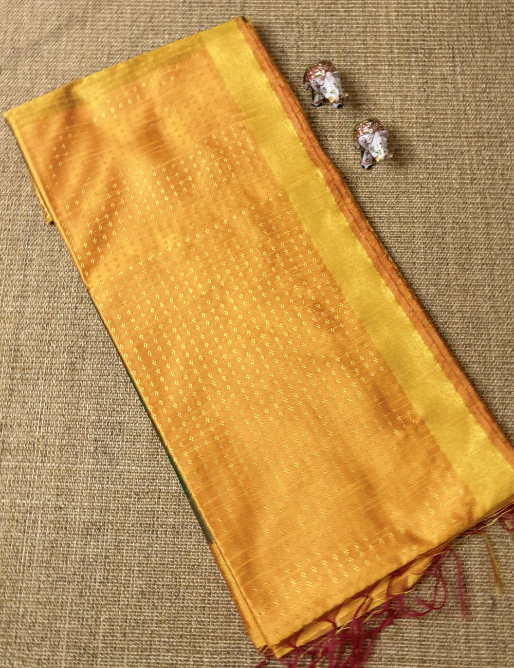 Mustard Yellow With Emerald Green Raw Silk Saree