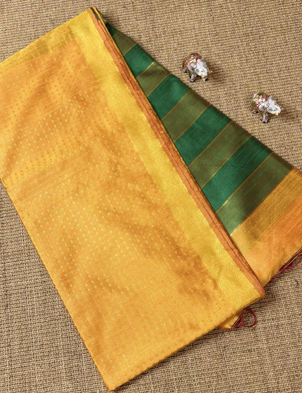 Mustard Yellow With Emerald Green Raw Silk Saree