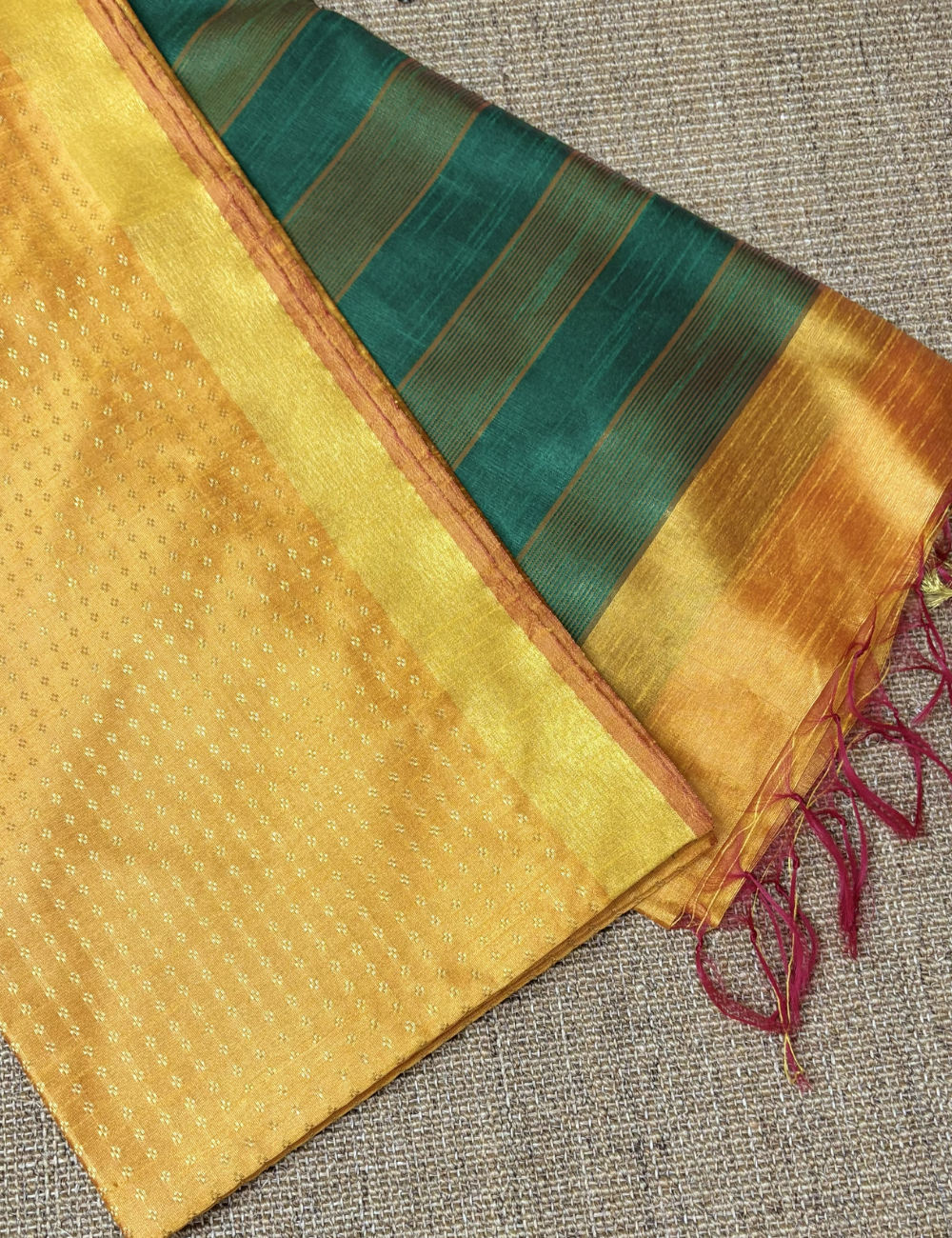 Mustard Yellow With Emerald Green Raw Silk Saree