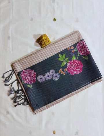 Cream & Black Floral Raw Silk Saree