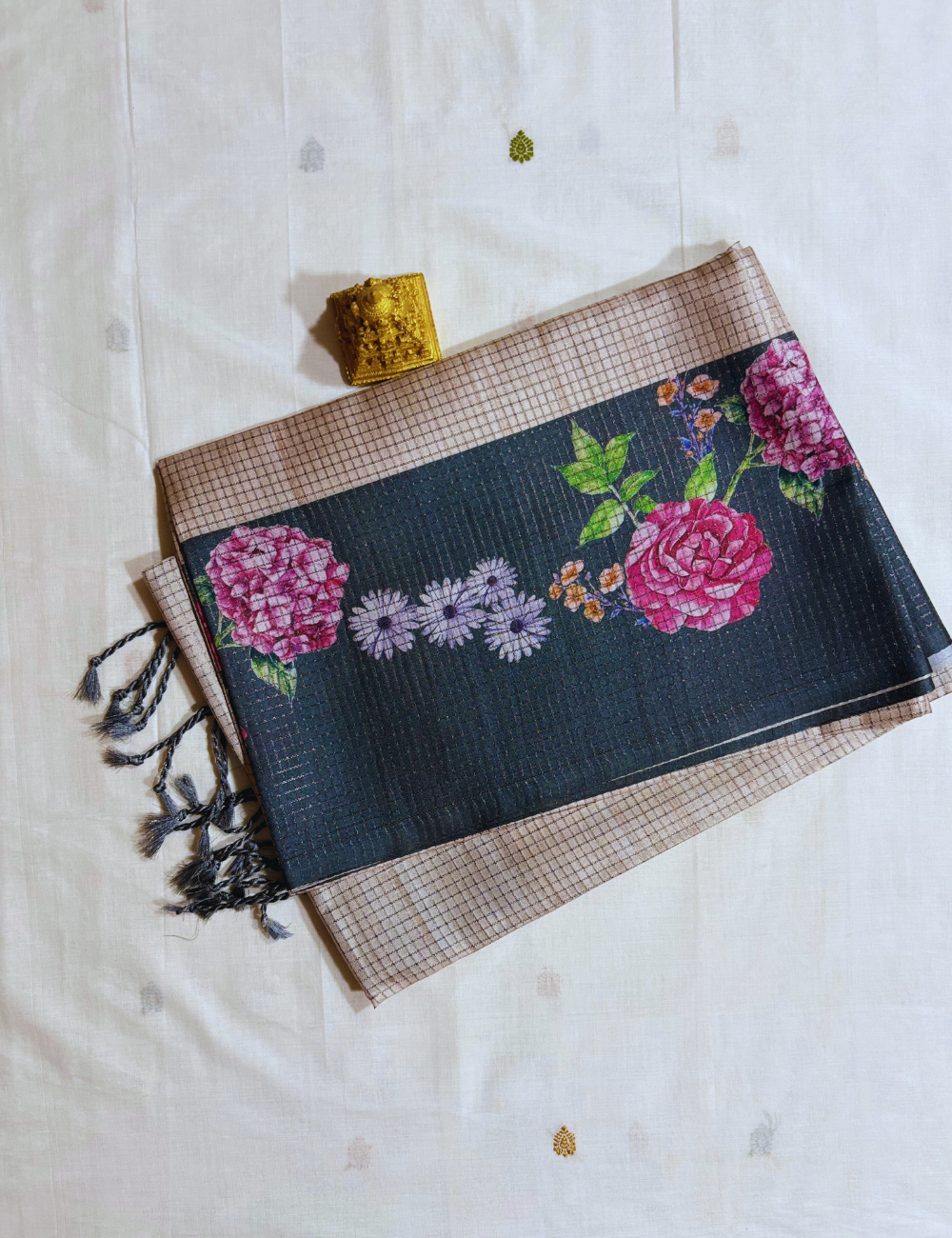 Cream & Black Floral Raw Silk Saree