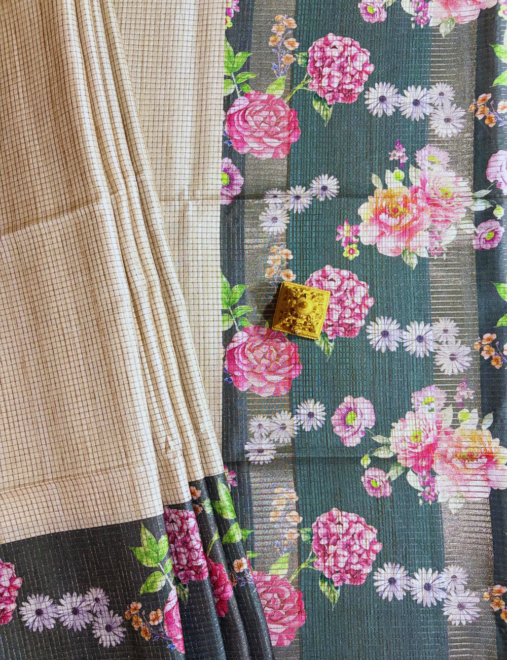 Cream & Black Floral Raw Silk Saree