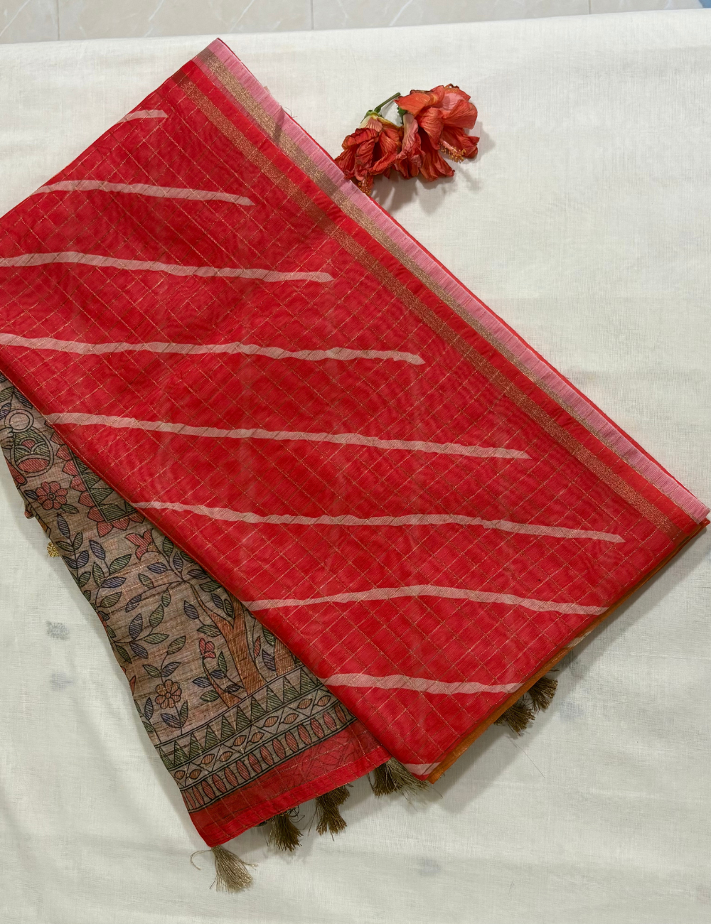 Red Madhubani Print- Leheriya Saree