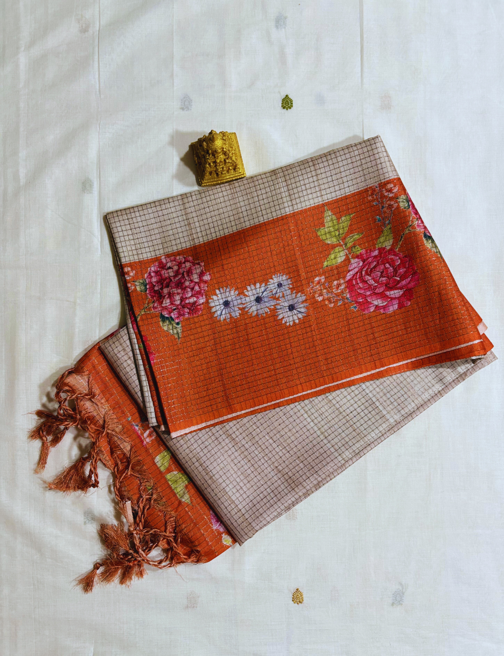 Cream & Orange Floral Raw Silk Saree