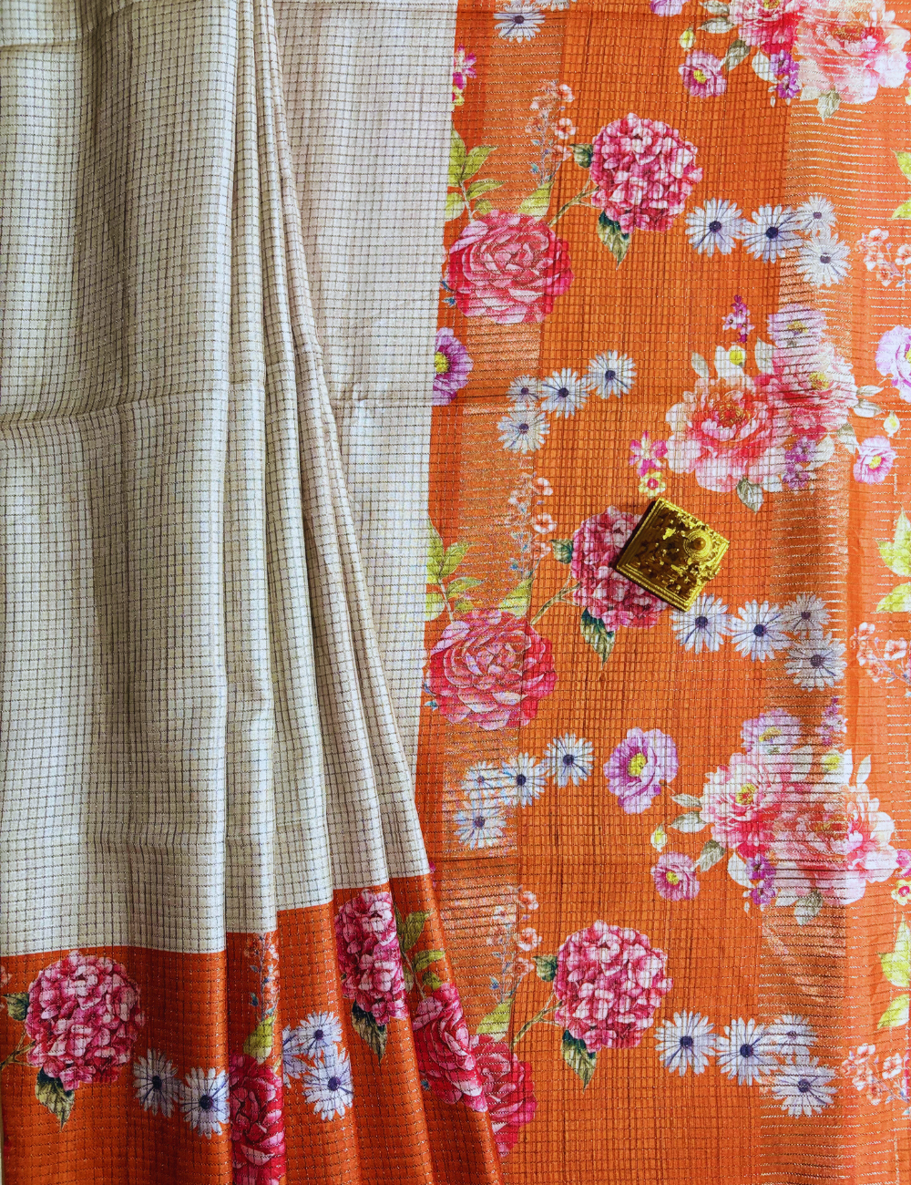 Cream & Orange Floral Raw Silk Saree