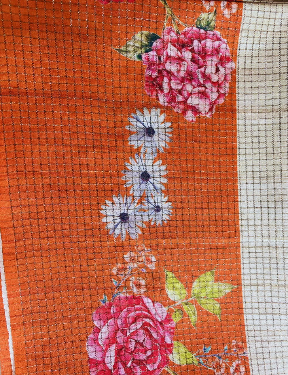 Cream & Orange Floral Raw Silk Saree
