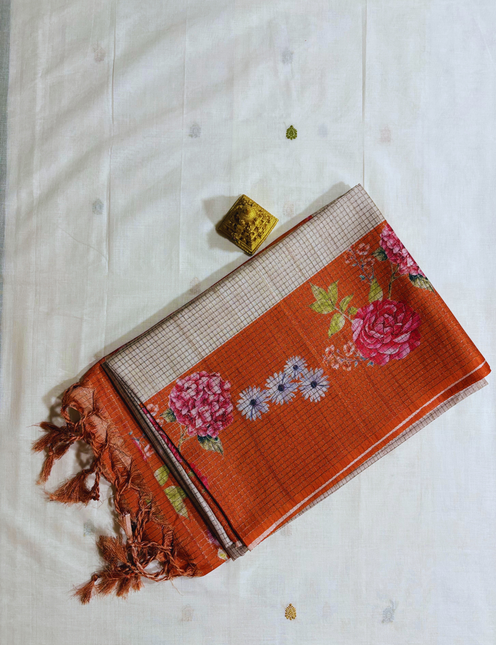 Cream & Orange Floral Raw Silk Saree