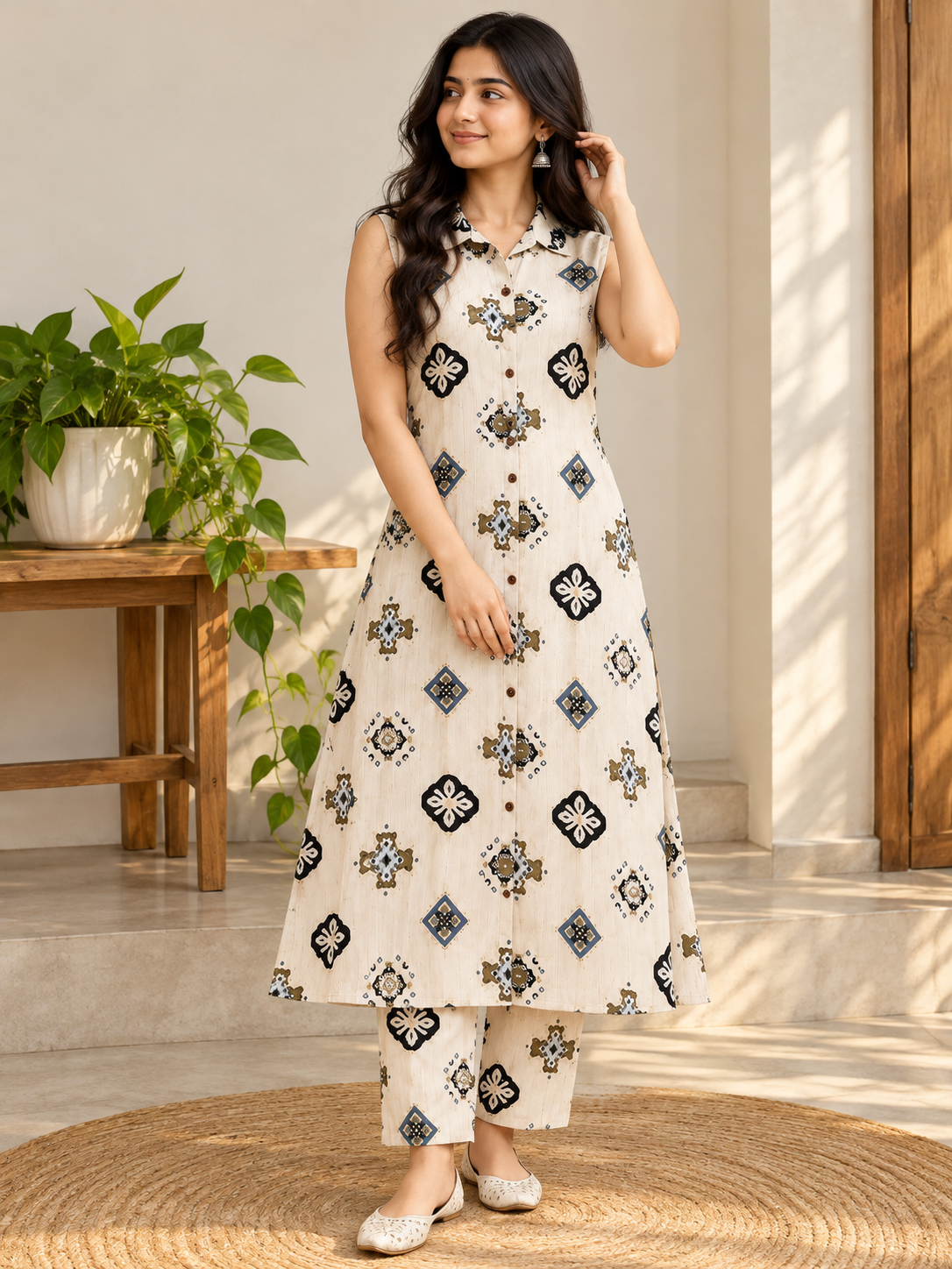 Pure Cotton Sleeveless Dress with 3/4 Sleeve Top Set