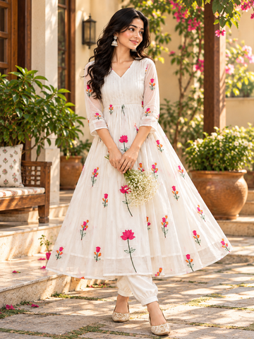 Ivory Floral Embroidered Anarkali Set