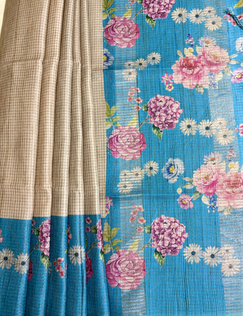 Blue Floral Raw Silk Saree