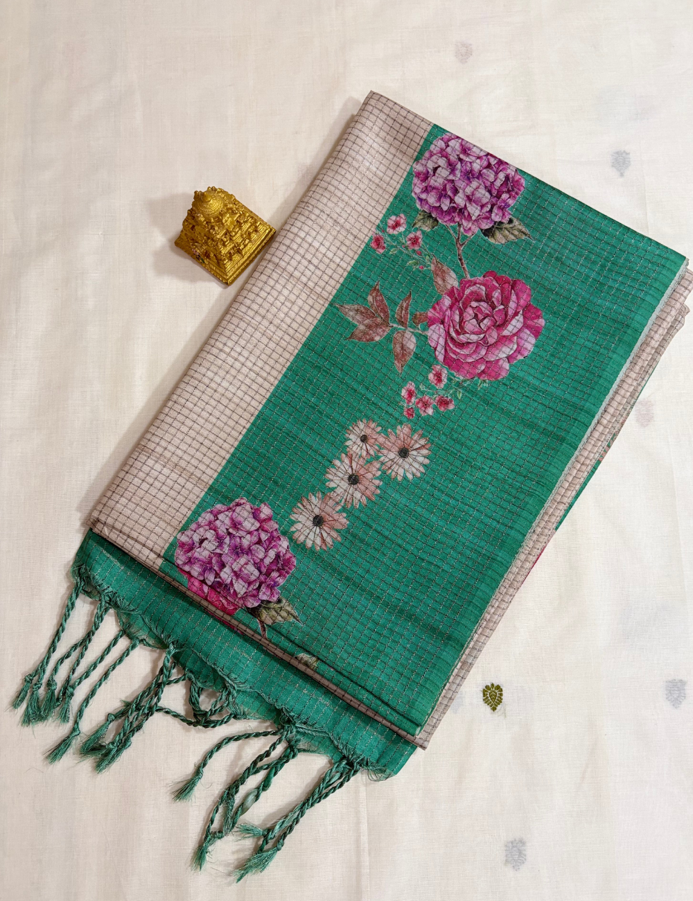 Green Floral Printed Raw Silk Saree