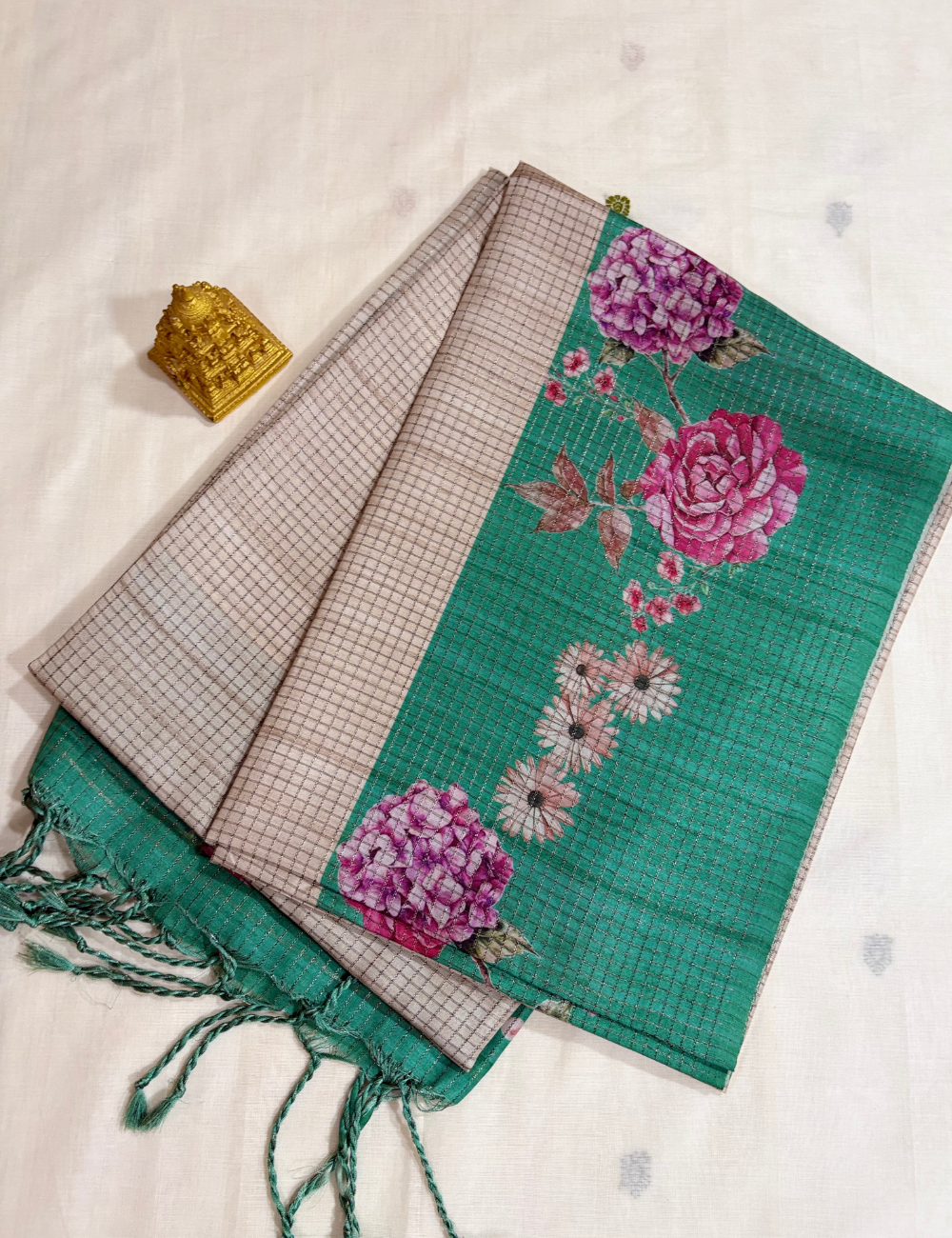 Green Floral Printed Raw Silk Saree