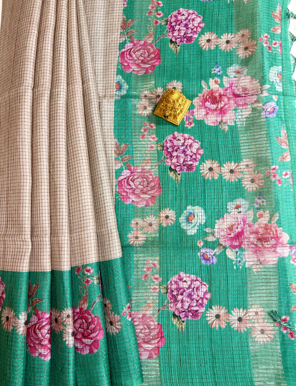 Green Floral Printed Raw Silk Saree