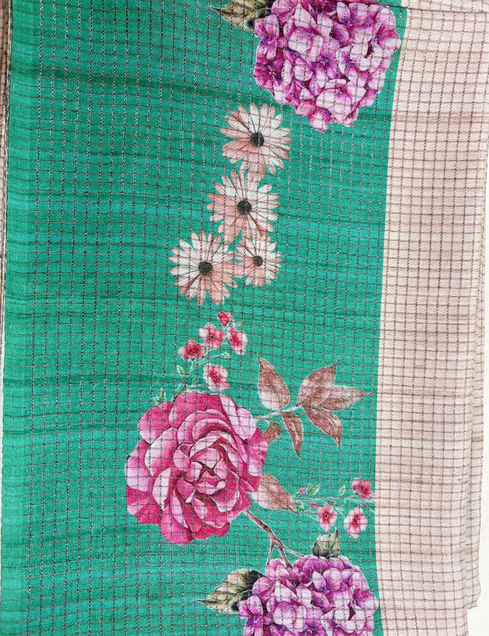 Green Floral Printed Raw Silk Saree