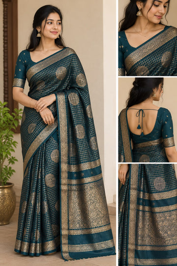Dark Teal Green Warm Silk Saree with Gold Zari Checks & Rich Border