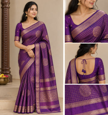 Purple Warm Silk Saree with Gold Zari Checks & Rich Border
