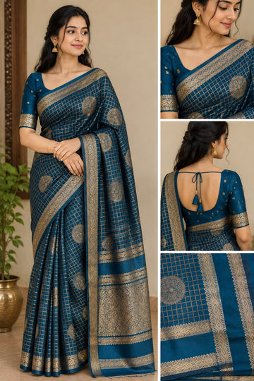 Teal Blue Warm Silk Saree with Gold Zari Checks & Rich Border