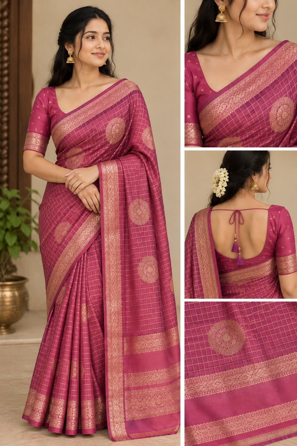 Pink Warm Silk Saree with Gold Zari Checks & Rich Border
